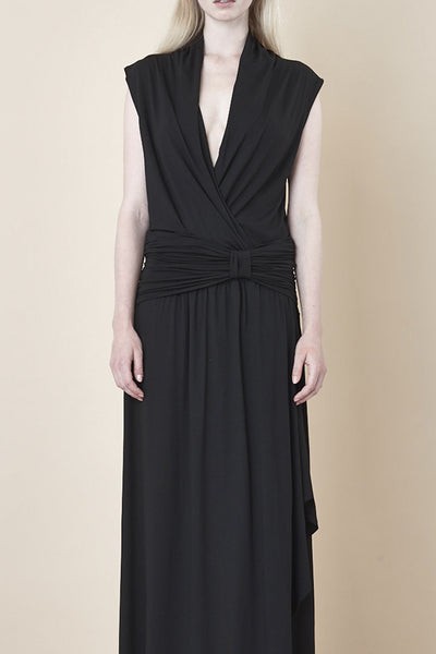 NORDENFELDT Ellen, long maxi dress with adjustable belt and crossed V-neck in black