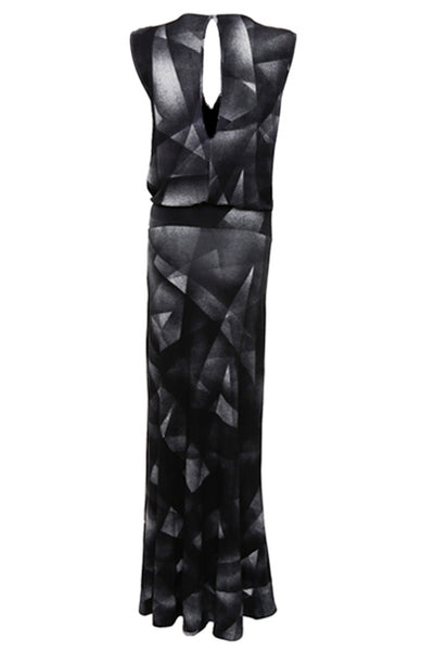 NORDENFELDT Jolin, extra long maxi dress with abstract allover print, draped front and collar in black