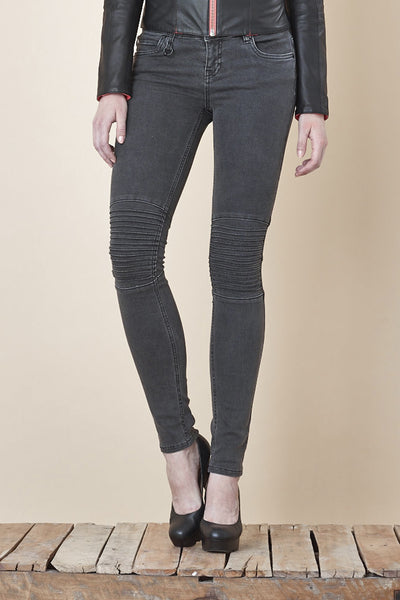 NORDENFELDT Nude Chelsea Black Stern, skinny biker jeans in washed grey with stitched knee detail, power stretch denim