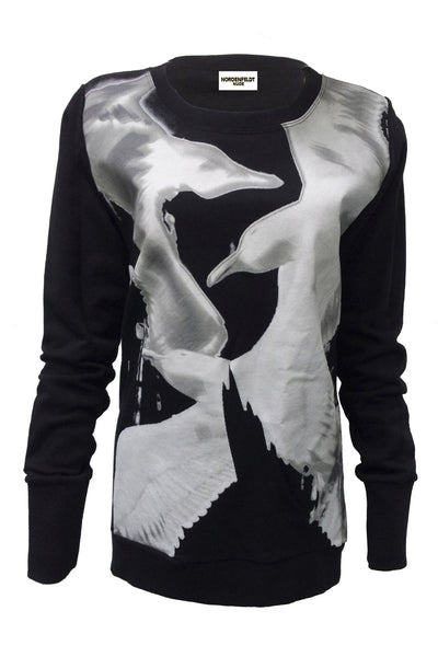 NORDENFELDT Nude Ina Birds, light sweater in black with bird print at front part, long sleeves with cuffs