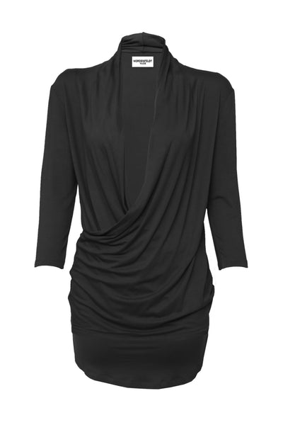 NORDENFELDT Nude Faith, top with draped and crossed deep V-neck, in black, tight silhouette