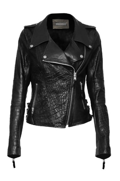 NORDENFELDT Nia, leather Biker Jacket in black with Croco embossing, epaulettes and buckles, worn by Tarja Turunen