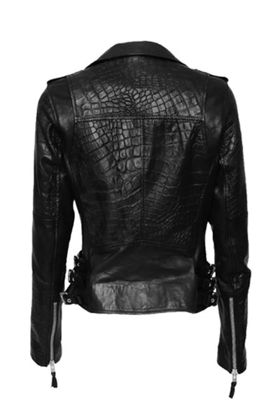 NORDENFELDT Nia, leather Biker Jacket in black with Croco embossing, epaulettes and buckles, worn by Tarja Turunen