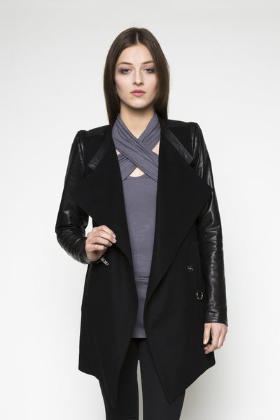NORDENFELDT Ana, wool and leather coat in black