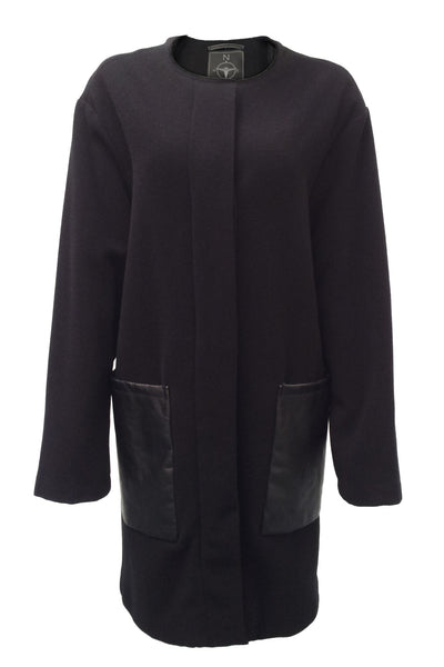 NORDENFELDT Oona, wool and leather coat in black with removable and reversible scarf