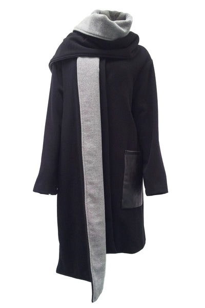 NORDENFELDT Oona, wool and leather coat in black with removable and reversible scarf