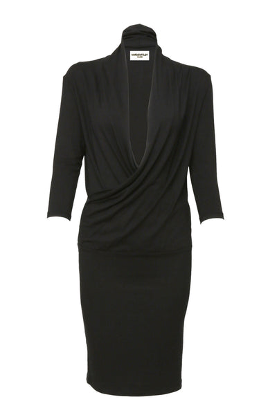 NORDENFELDT Ashley, dress with draped and crossed V-neck in black, tight silhouette