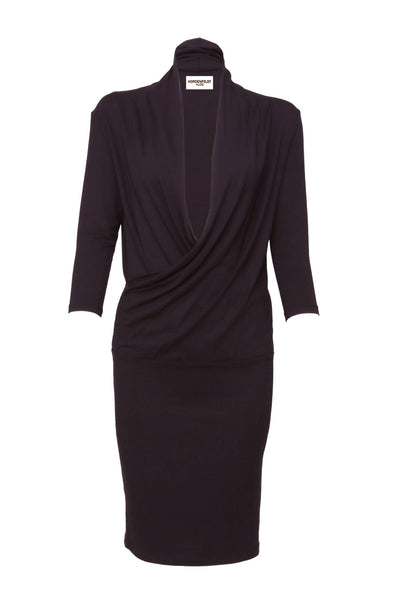 NORDENFELDT Ashley, dress with draped and crossed V-neck in plum, tight silhouette