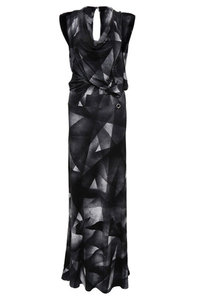 NORDENFELDT Jolin, extra long maxi dress with abstract allover print, draped front and collar in black