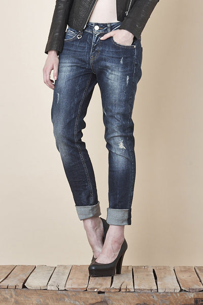 NORDENFELDT Nude Bowery Blue Moon, Boyfriend jeans in dark blue with washed effects and used optic, loose fit, made of comfort denim