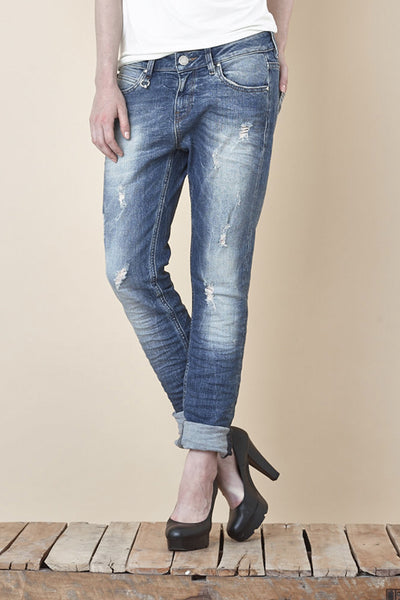 NORDENFELDT Nude Bowery Blue Star, Boyfriend jeans in mid blue with washed effects and used optic, loose fit, made of comfort denim