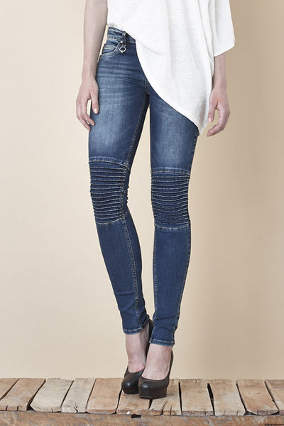 NORDENFELDT Nude Chelsea Atlantic Blue, skinny biker jeans in dark blue with stitched knee detail, power stretch denim