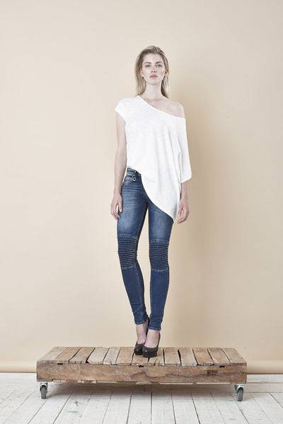 NORDENFELDT Nude Chelsea Atlantic Blue, skinny biker jeans in dark blue with stitched knee detail, power stretch denim