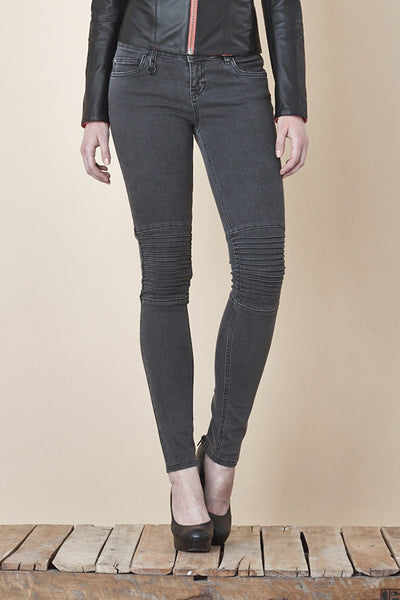 NORDENFELDT Nude Chelsea Black Stern, skinny biker jeans in washed grey with stitched knee detail, power stretch denim