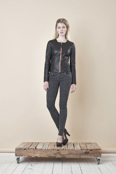 NORDENFELDT Nude Chelsea Black Stern, skinny biker jeans in washed grey with stitched knee detail, power stretch denim