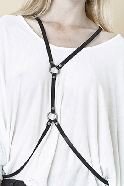 NORDENFELDT Lahja, leather body chain in black with metal details, worn by Tarja Turunen