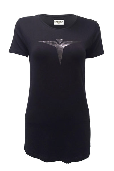 NORDENFELDT Nude Logo-top June, T-shirt in black with NORDENFELDT Logo print at front part and signature metal-ring, worn by Tarja Turunen