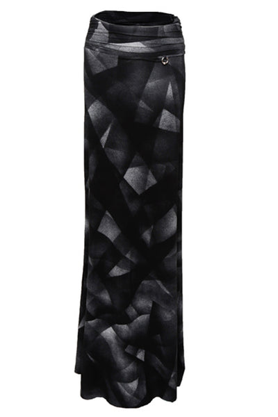 NORDENFELDT Moa, extra long maxi skirt with abstract allover print in black and wide draped waistband