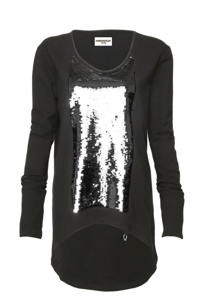 NORDENFELDT Nude Willow, light sweater in black with sequin application at front part, long sleeves with cuffs