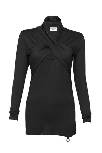 NORDENFELDT Nude Amber, long Top in black, with crossed-over part at the front and long sleeves
