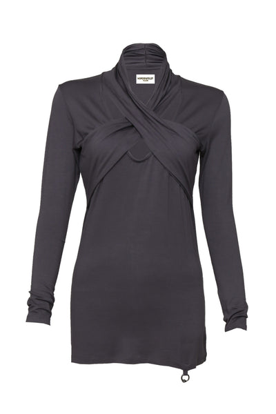 NORDENFELDT Nude Amber, long Top in plum, with crossed-over part at the front and long sleeves