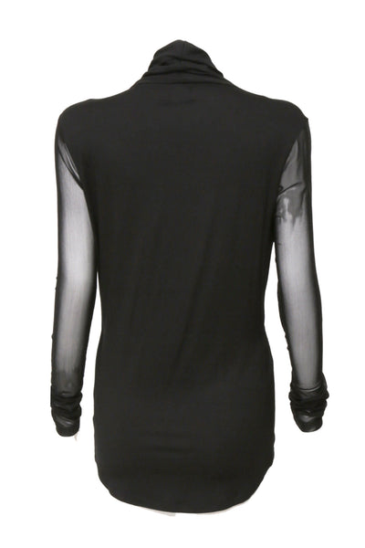 NORDENFELDT Nude Faith Net, top in black with draped and crossed deep V-neck and long sleeves made of transparent net fabric, tight silhouette