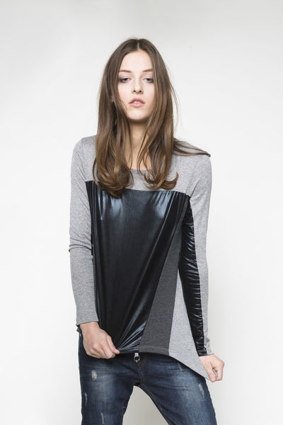NORDENFELDT Nude Isabella frost, top in grey with fabric mix at front part and long sleeves, with black shiny and dark grey inserts, worn by Tarja Turunen