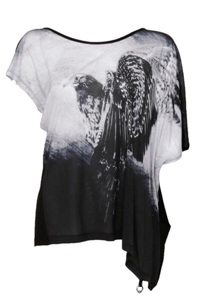 NORDENFELDT Nude Lenja Eagle, asymmetrical draped top in black with hawk print, wide neckline and broached sleeves, worn by Tarja Turunen