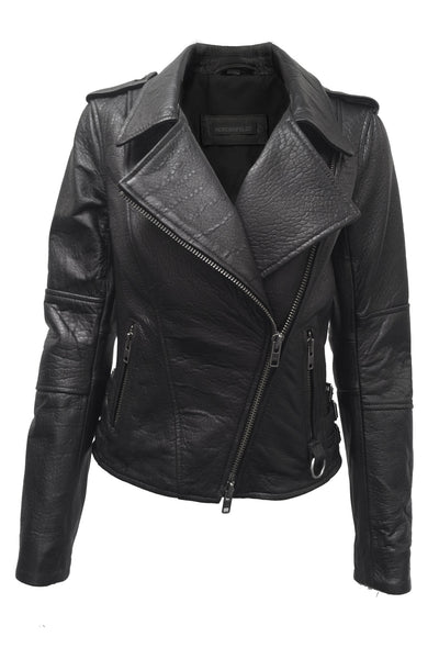 NORDENFELDT Nia Rough, leather Biker Jacket in black with epaulettes and buckles