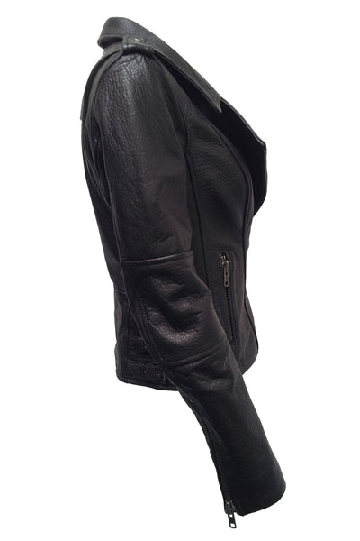 NORDENFELDT Nia Rough, leather Biker Jacket in black with epaulettes and buckles